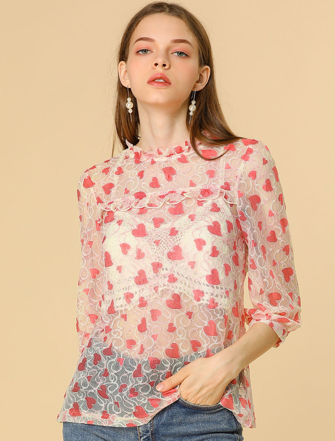 Women's 3/4 Sleeves Ruffle Mock Neck Sheer Lace Top