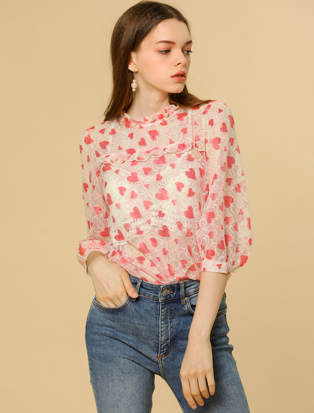 Women's 3/4 Sleeves Ruffle Mock Neck Sheer Lace Top
