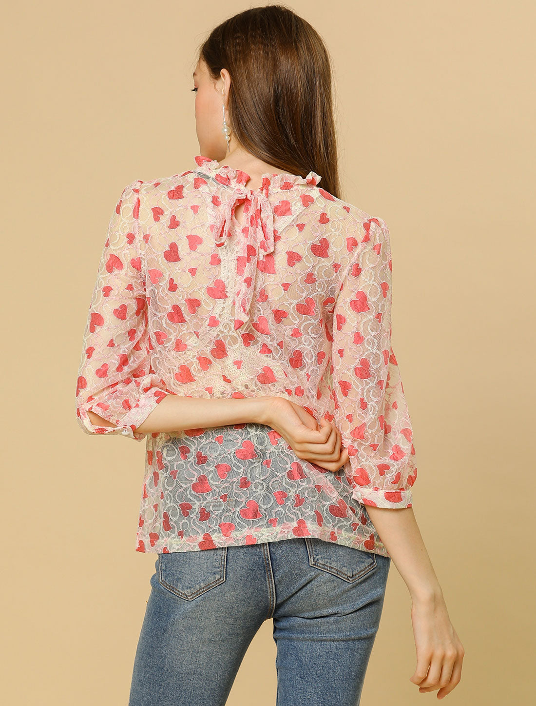 Women's 3/4 Sleeves Ruffle Mock Neck Sheer Lace Top