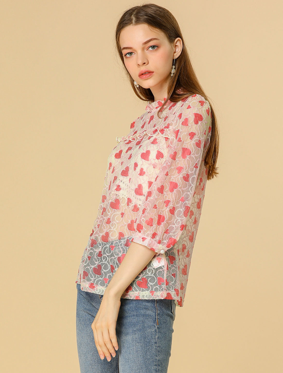 Women's 3/4 Sleeves Ruffle Mock Neck Sheer Lace Top