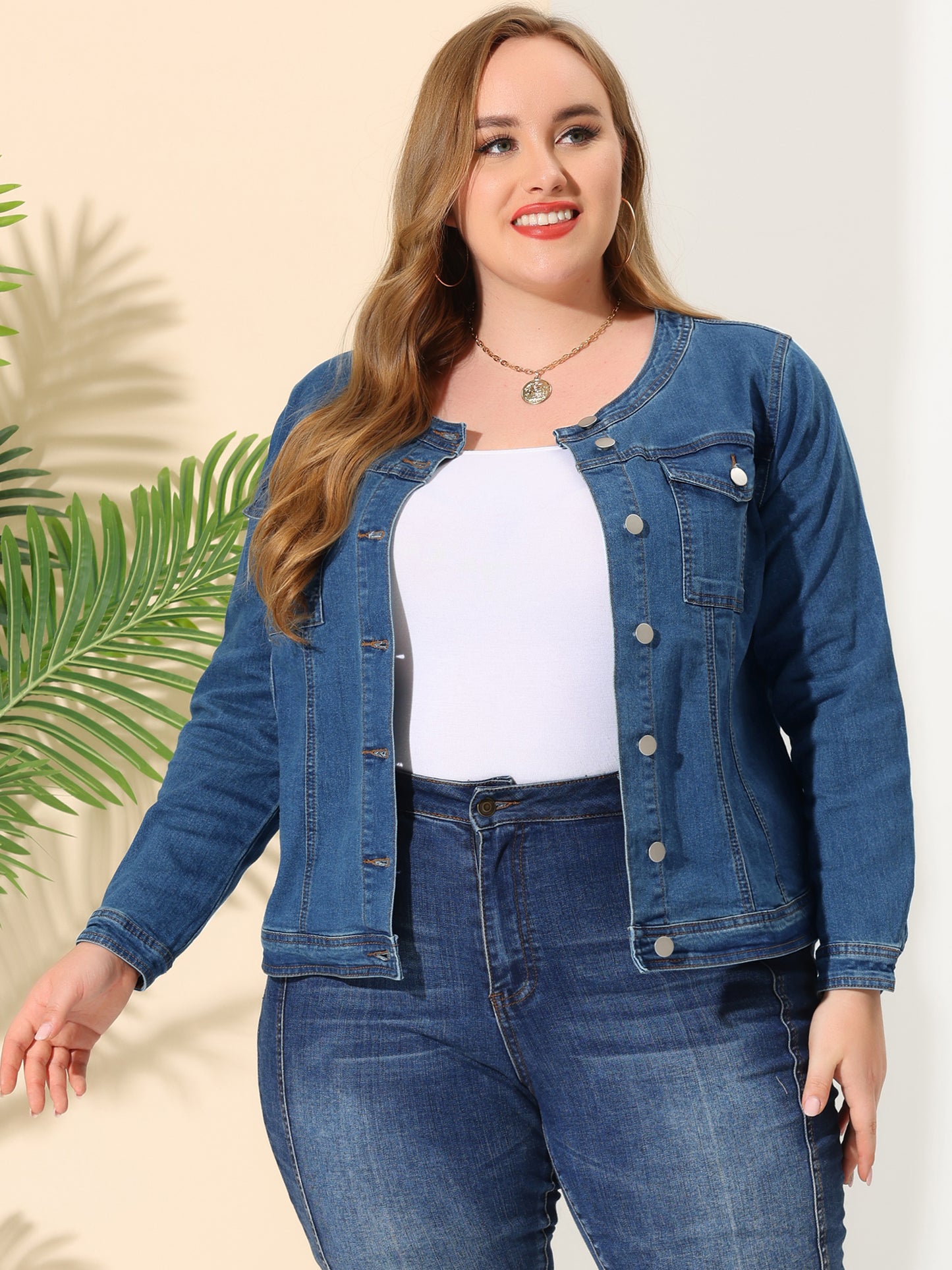Women Plus Size Collarless Long Sleeve Button Down Jean Denim Jacket