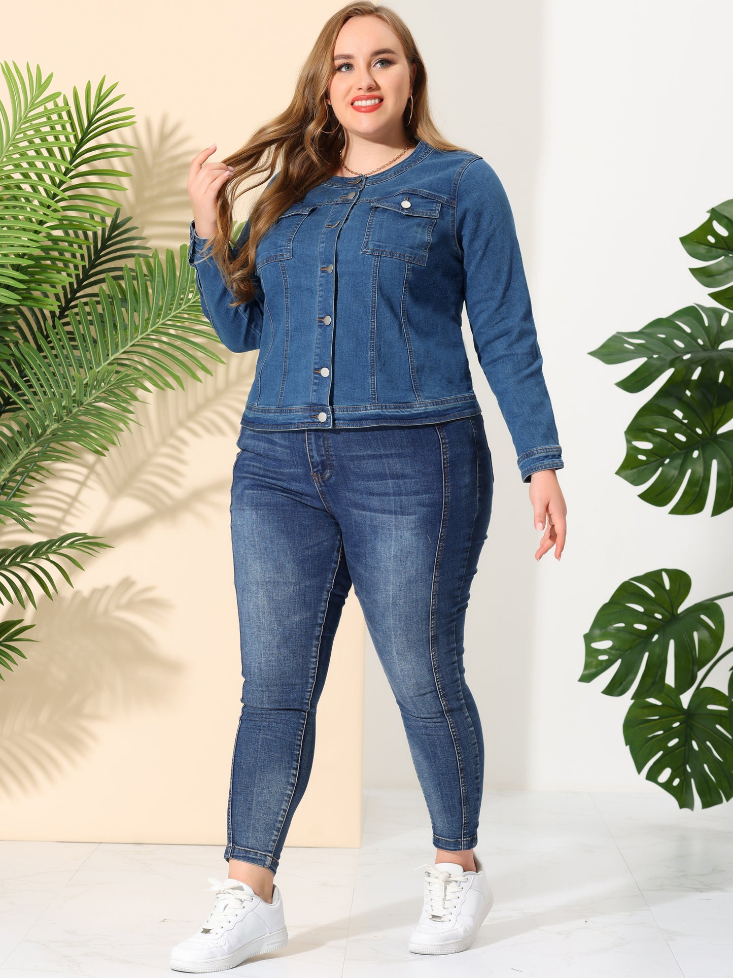 Women Plus Size Collarless Long Sleeve Button Down Jean Denim Jacket