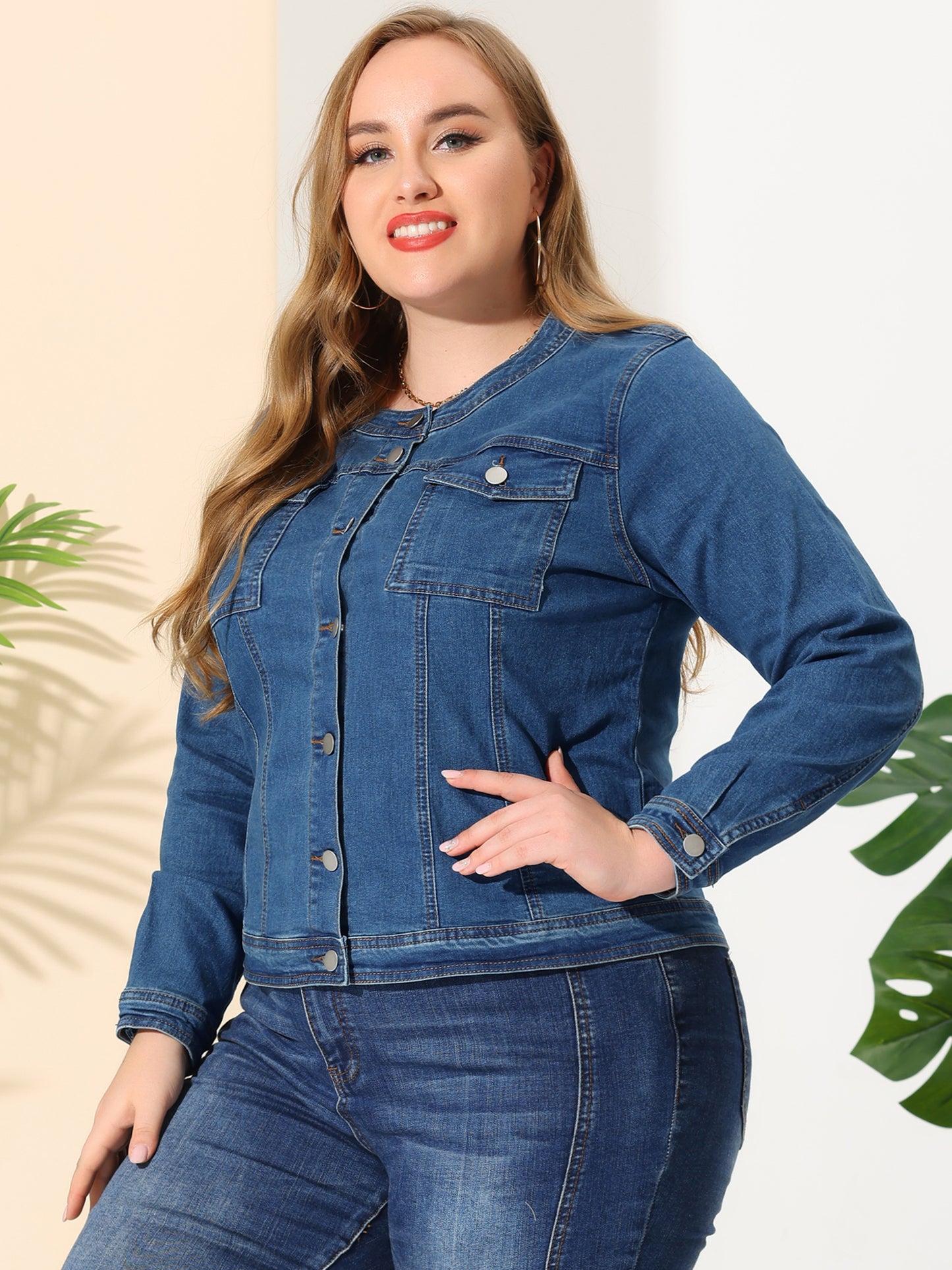 Women Plus Size Collarless Long Sleeve Button Down Jean Denim Jacket
