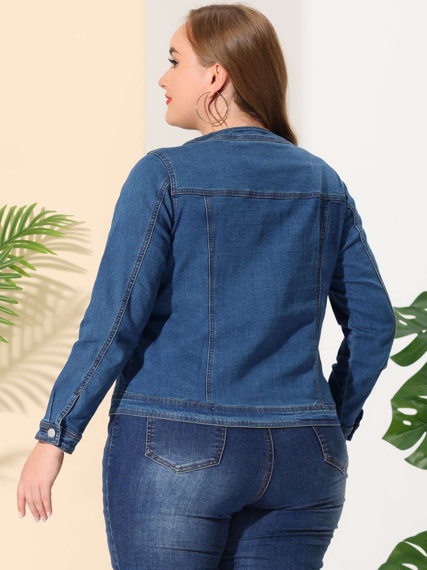 Women Plus Size Collarless Long Sleeve Button Down Jean Denim Jacket