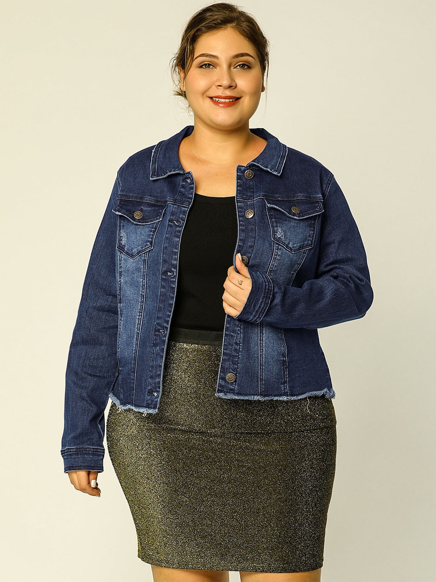 Women's Plus Size Classic Washed Front Frayed Denim Jacket