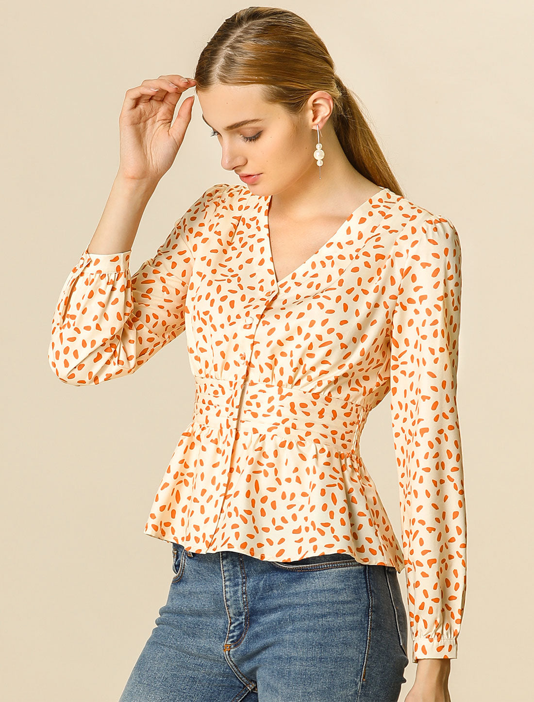 Women's Elegant V Neck Dots Print Smocked Ruffled Hem Button Peplum Blouse