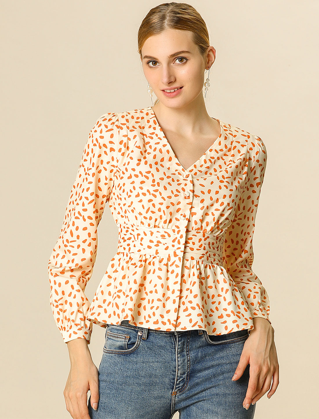 Women's Elegant V Neck Dots Print Smocked Ruffled Hem Button Peplum Blouse