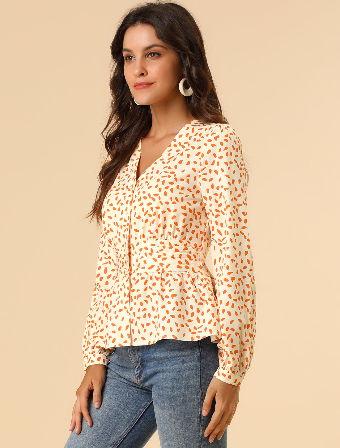 Women's Elegant V Neck Dots Print Smocked Ruffled Hem Button Peplum Blouse