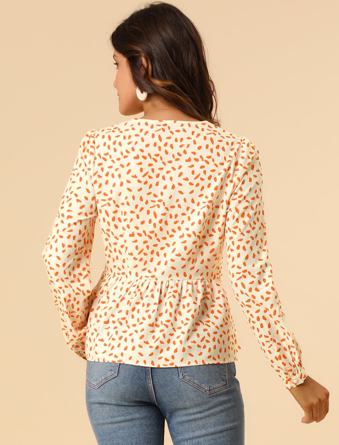 Women's Elegant V Neck Dots Print Smocked Ruffled Hem Button Peplum Blouse