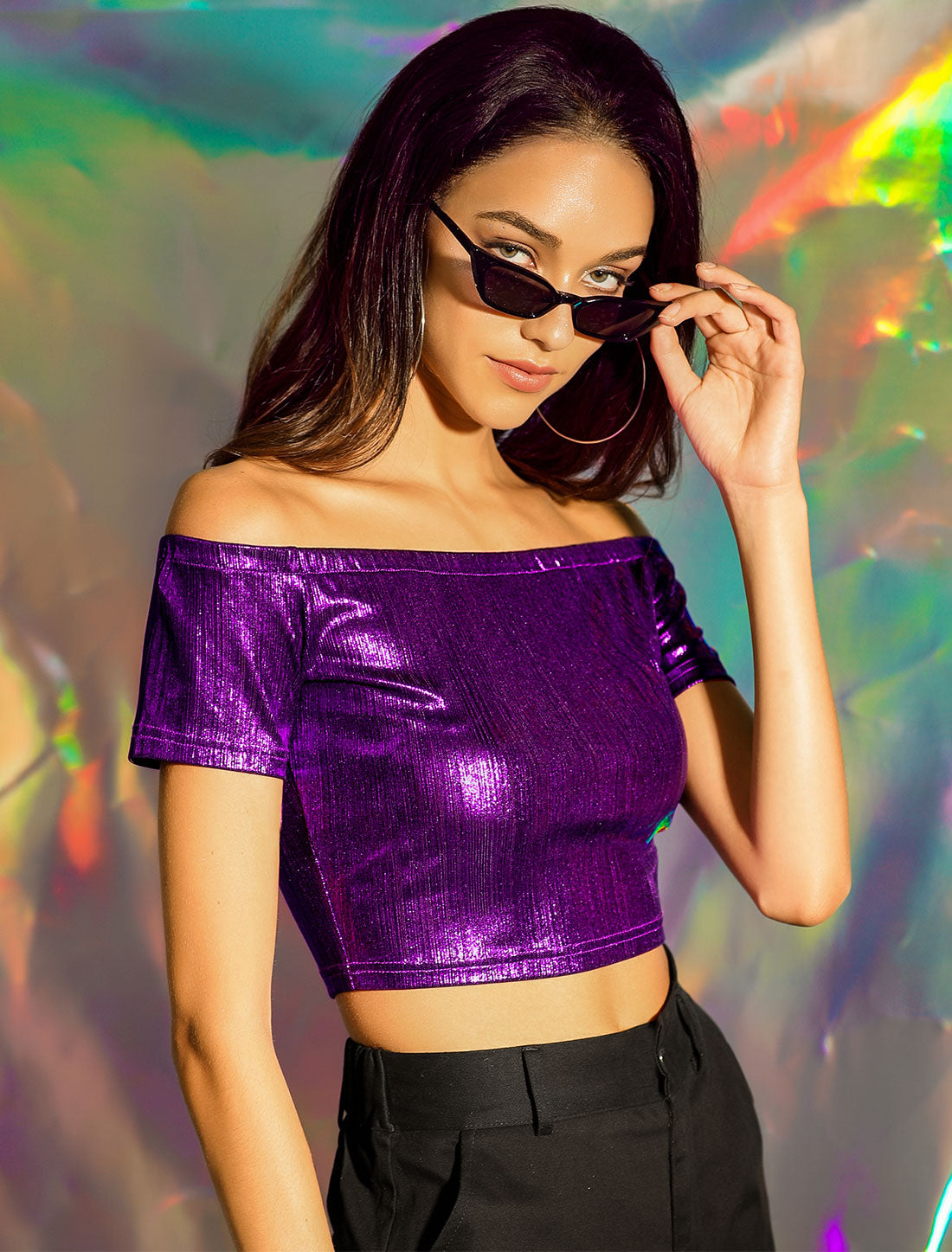 Women's Off Shoulder Party Club Slim Fit Shiny Metallic Crop Top