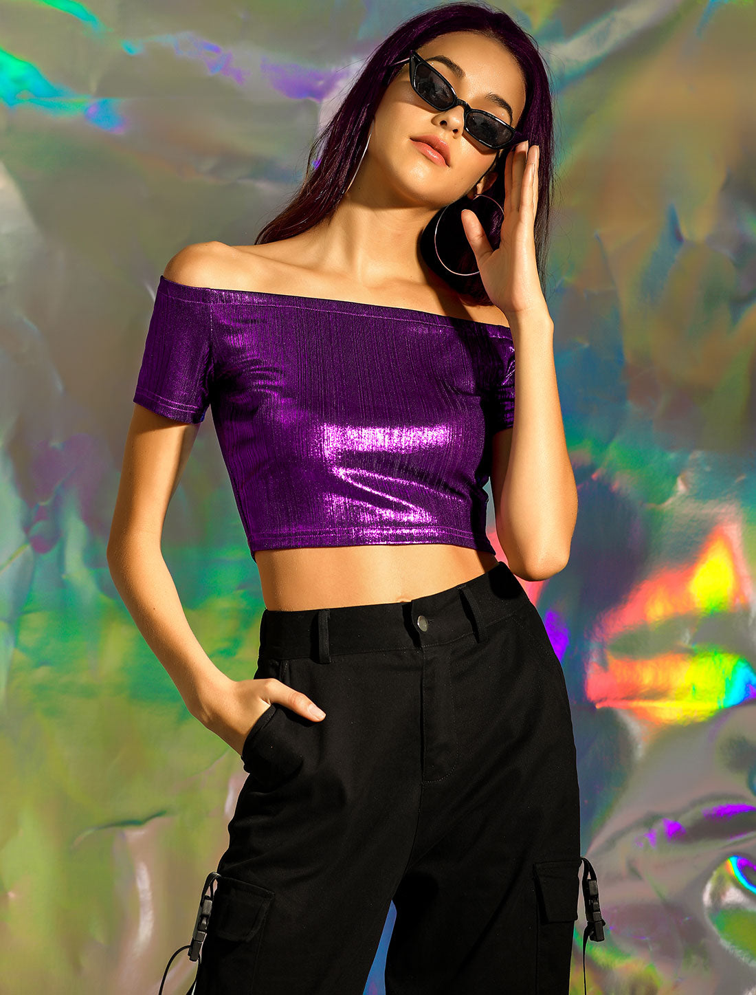 Women's Off Shoulder Party Club Slim Fit Shiny Metallic Crop Top