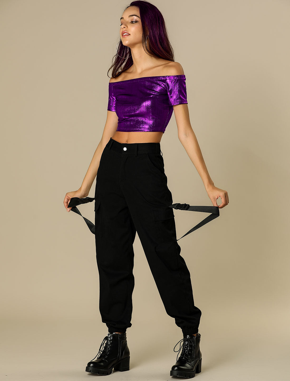 Women's Off Shoulder Party Club Slim Fit Shiny Metallic Crop Top