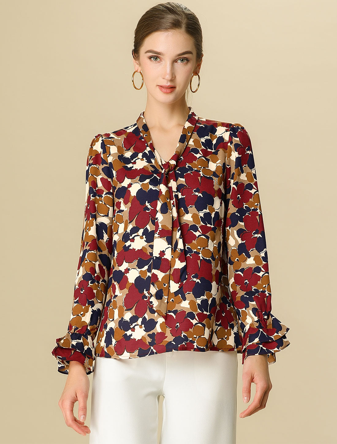 Blusa de gasa con volantes y cuello con lazo floral de manga larga para mujer