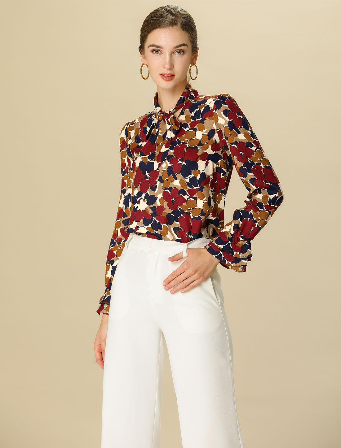 Blusa de gasa con volantes y cuello con lazo floral de manga larga para mujer