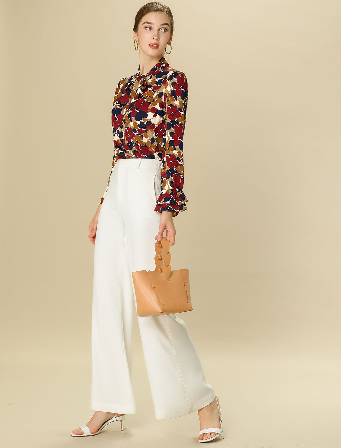 Blusa de gasa con volantes y cuello con lazo floral de manga larga para mujer
