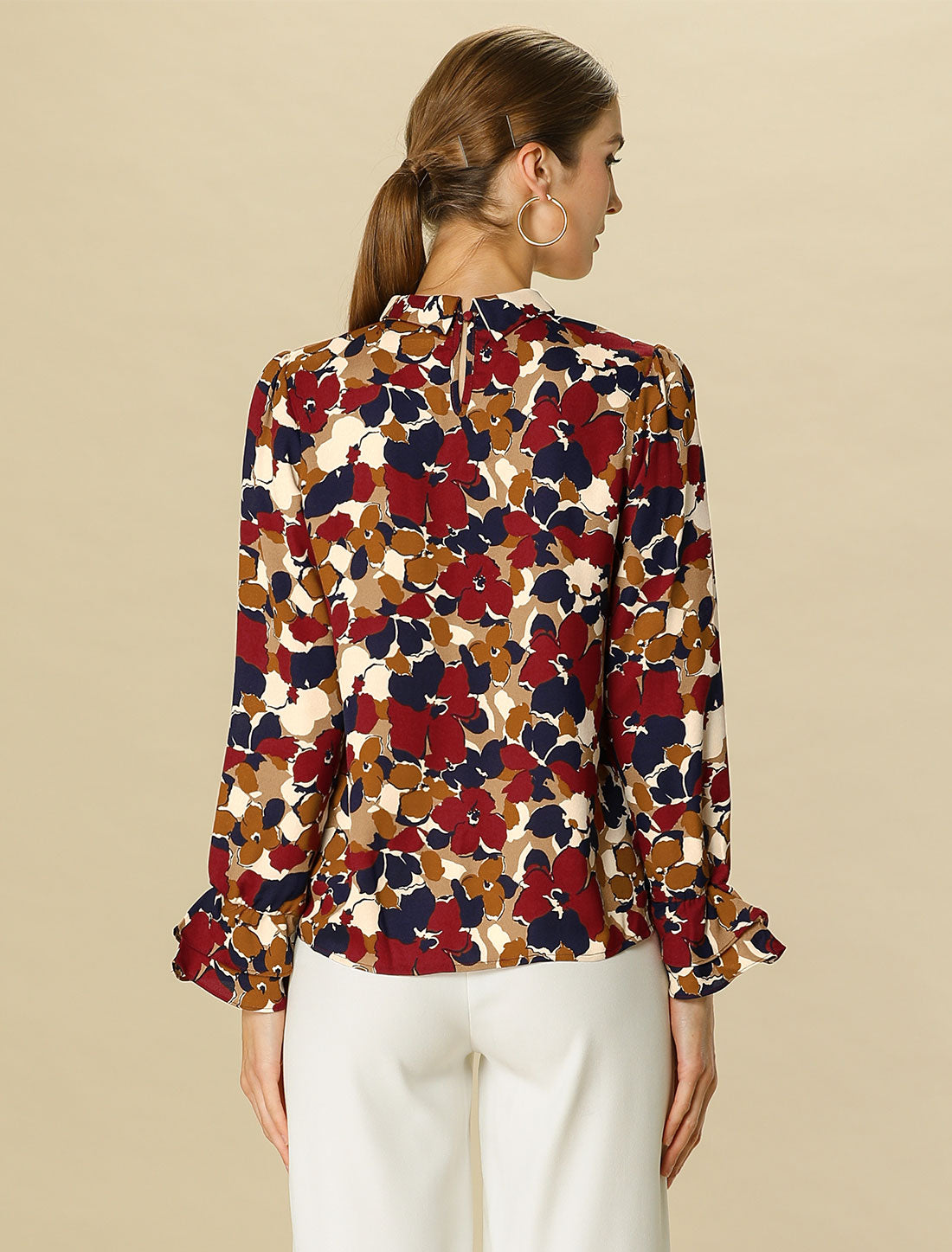 Blusa de gasa con volantes y cuello con lazo floral de manga larga para mujer