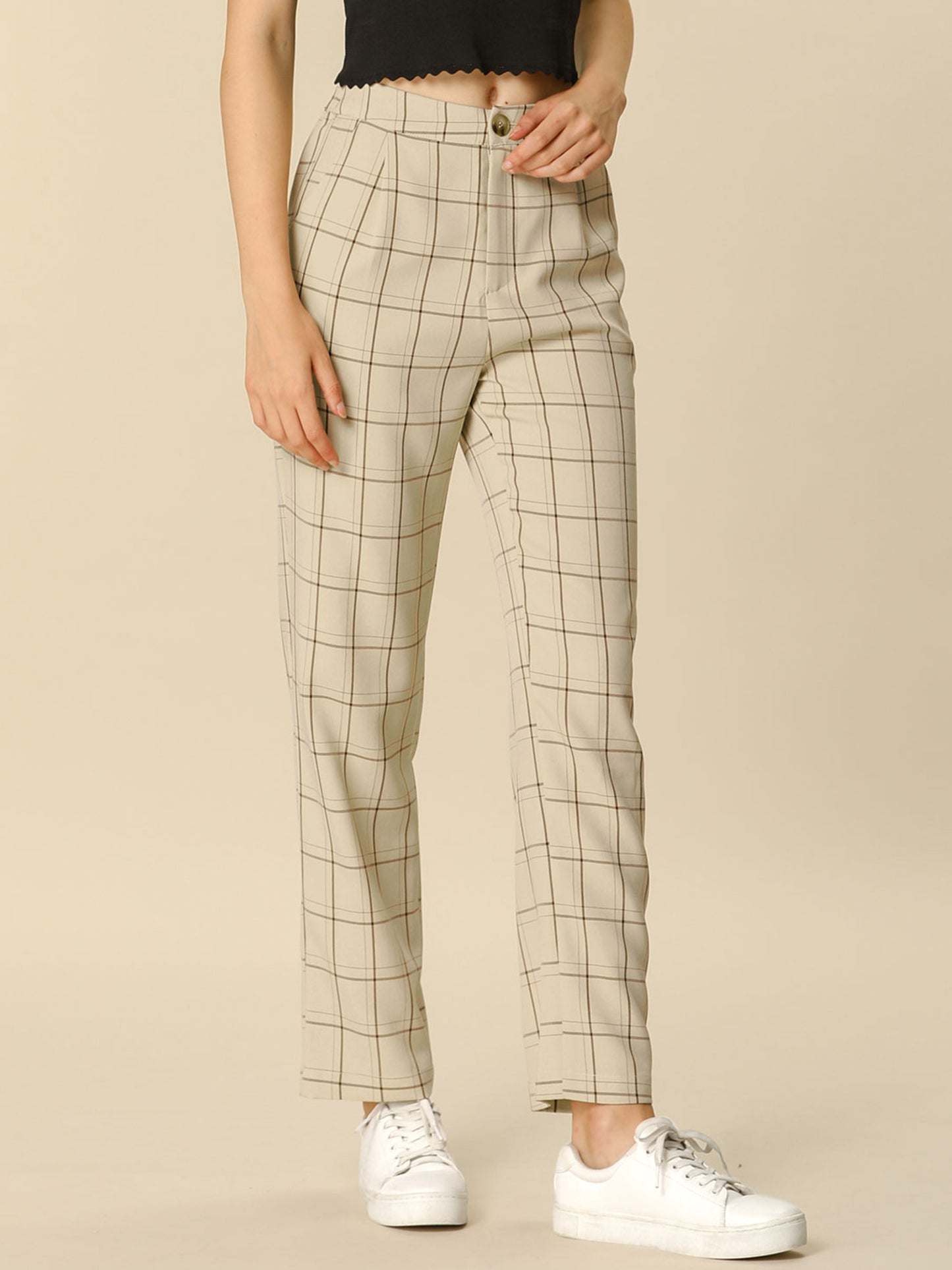Women's Plaid Pants Elastic Waist Casual Work Office Long Trousers (Available in Plus Size)