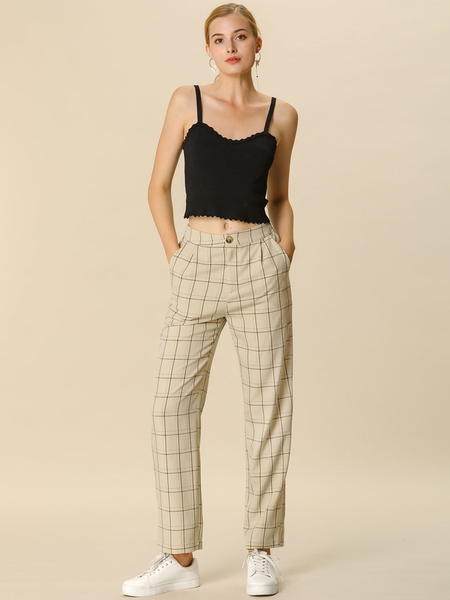 Women's Plaid Pants Elastic Waist Casual Work Office Long Trousers (Available in Plus Size)