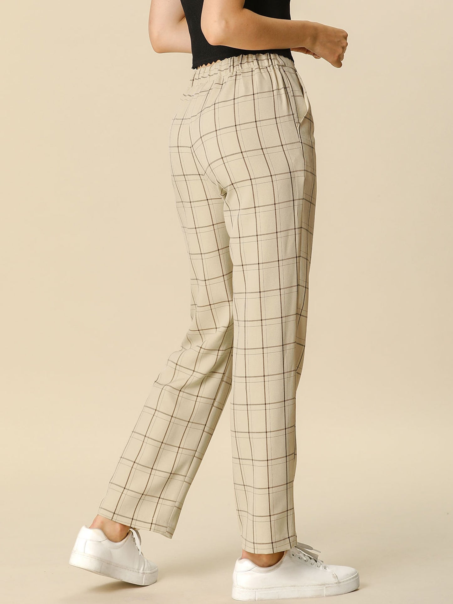 Women's Plaid Pants Elastic Waist Casual Work Office Long Trousers (Available in Plus Size)