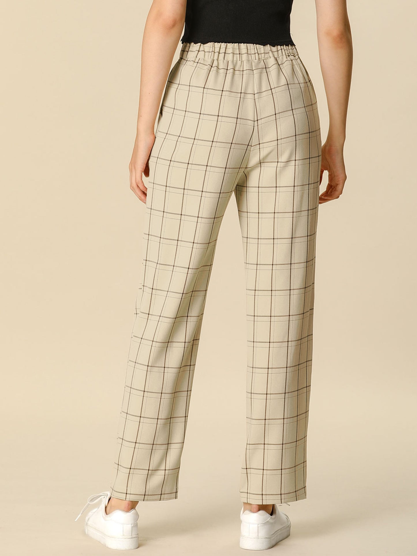 Women's Plaid Pants Elastic Waist Casual Work Office Long Trousers (Available in Plus Size)