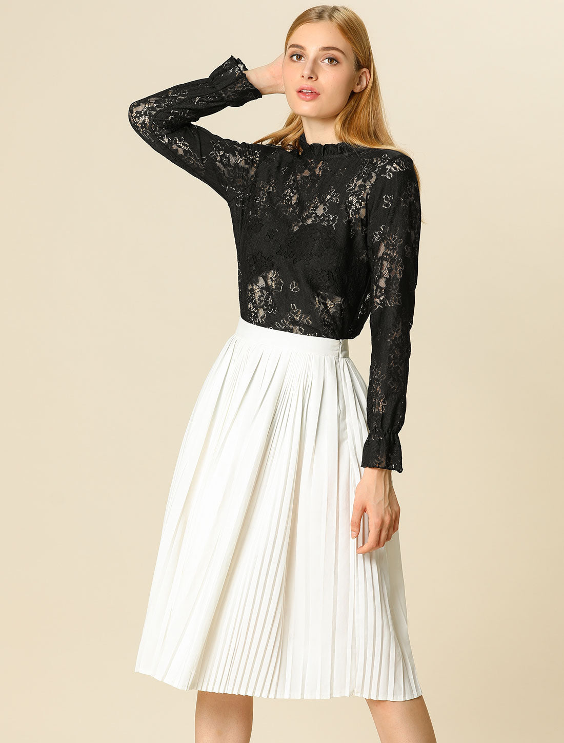 Women's Elegant See Through Top Ruffle Frill Neck Long Sleeve Floral Lace Blouse