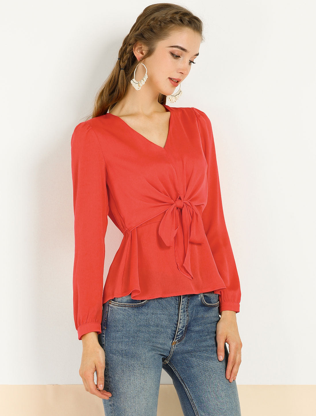 Blusa elegante con lazo en la cintura y escote en V para mujer