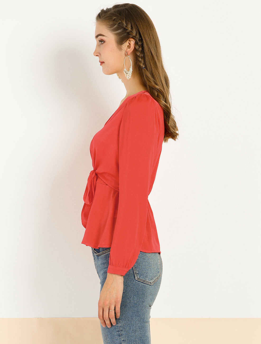 Blusa elegante con lazo en la cintura y escote en V para mujer