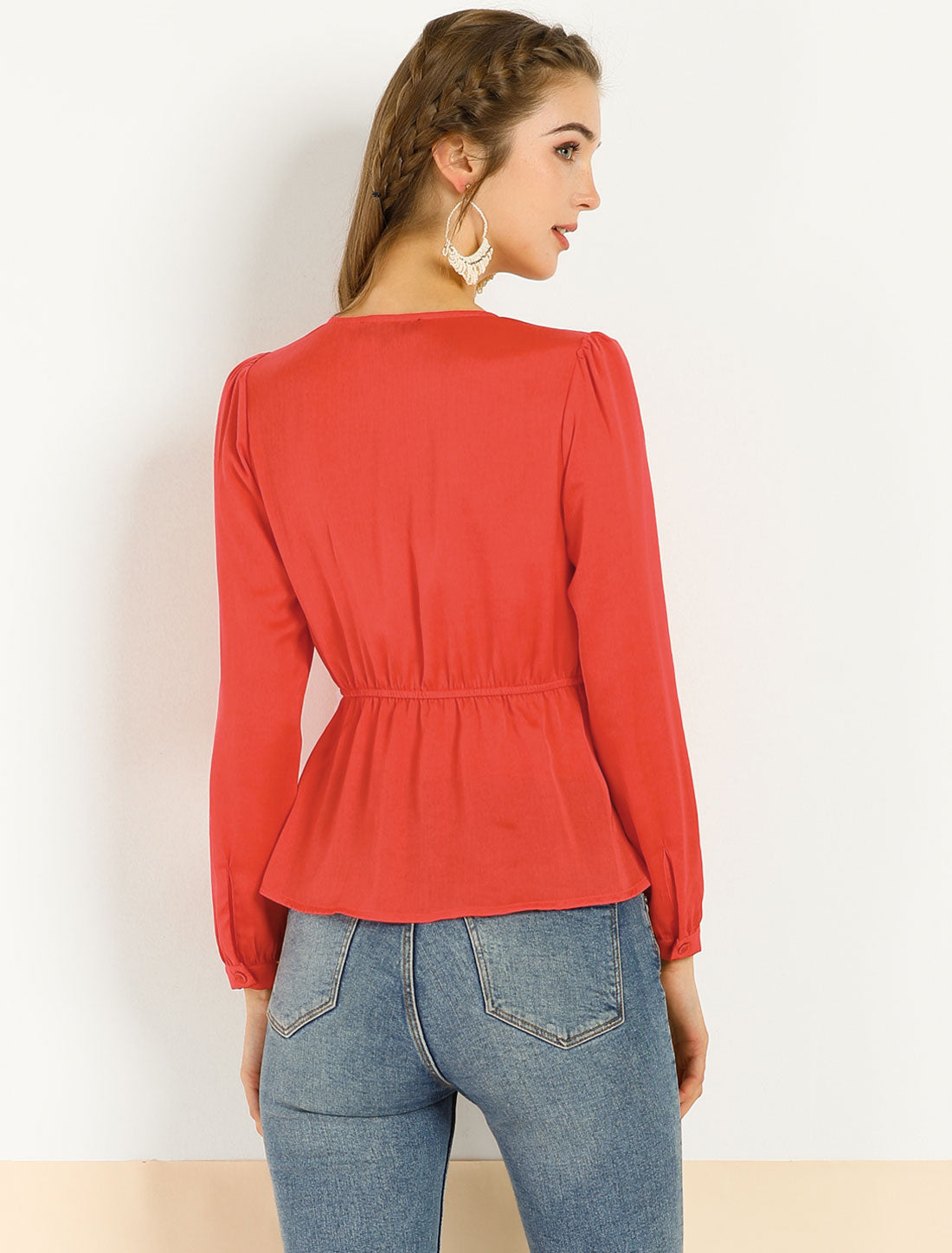 Blusa elegante con lazo en la cintura y escote en V para mujer