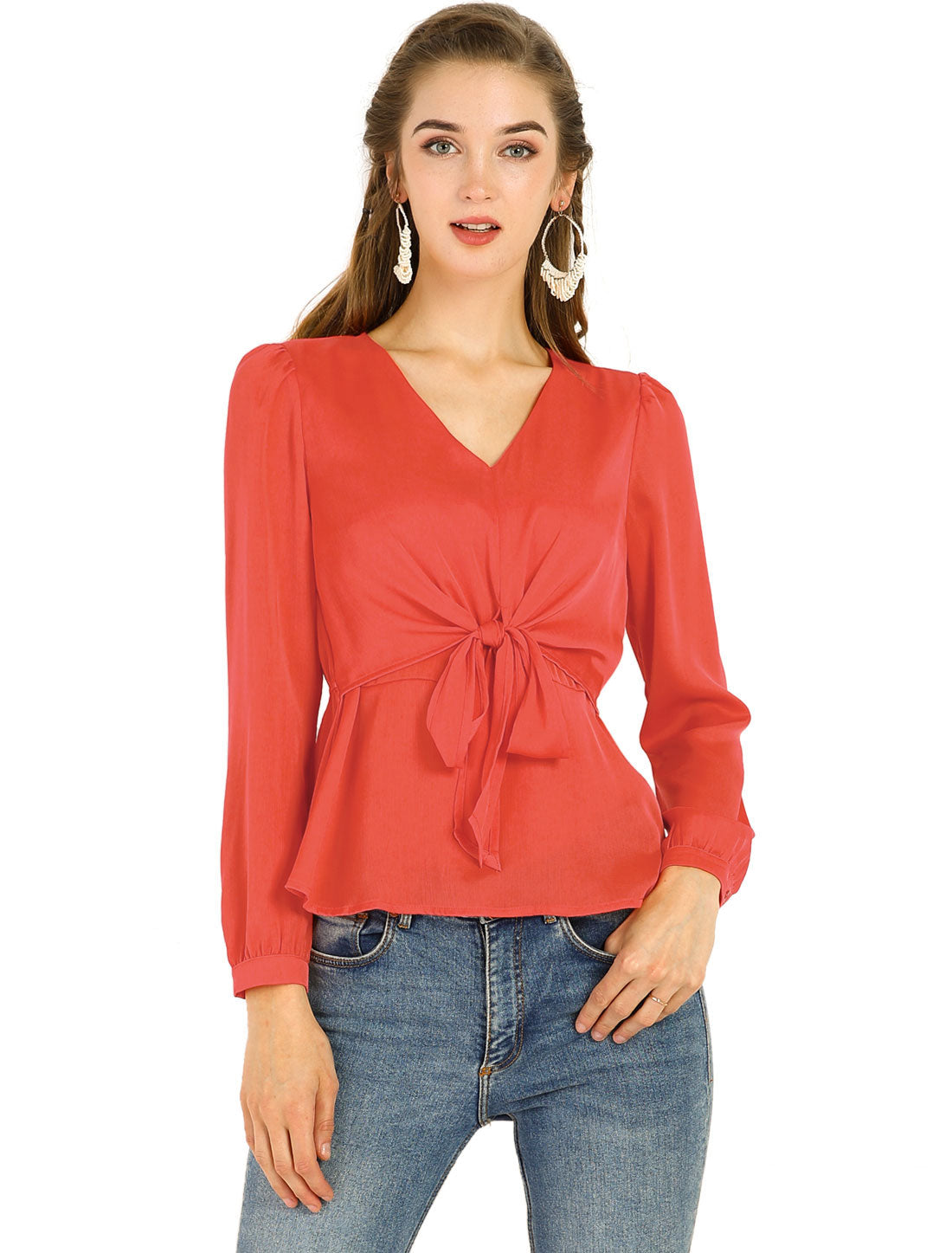 Blusa elegante con lazo en la cintura y escote en V para mujer