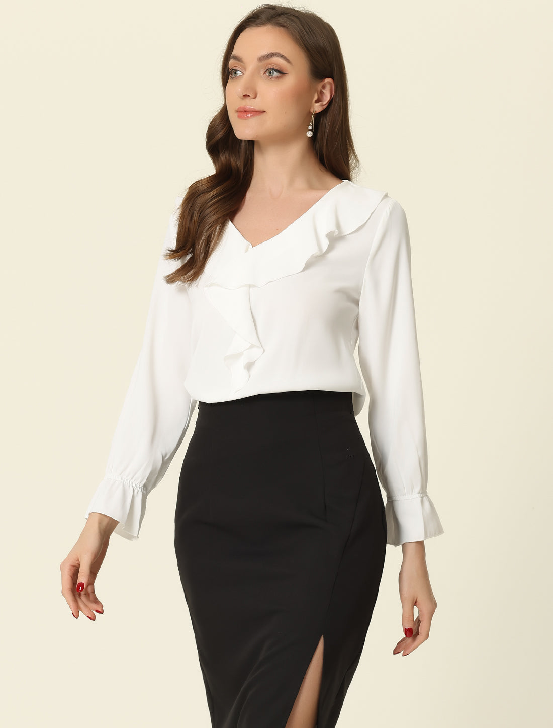 Women's Ruffle Blouse Elegant V Neck Long Sleeve Casual Dressy Top (Available in Plus Size)