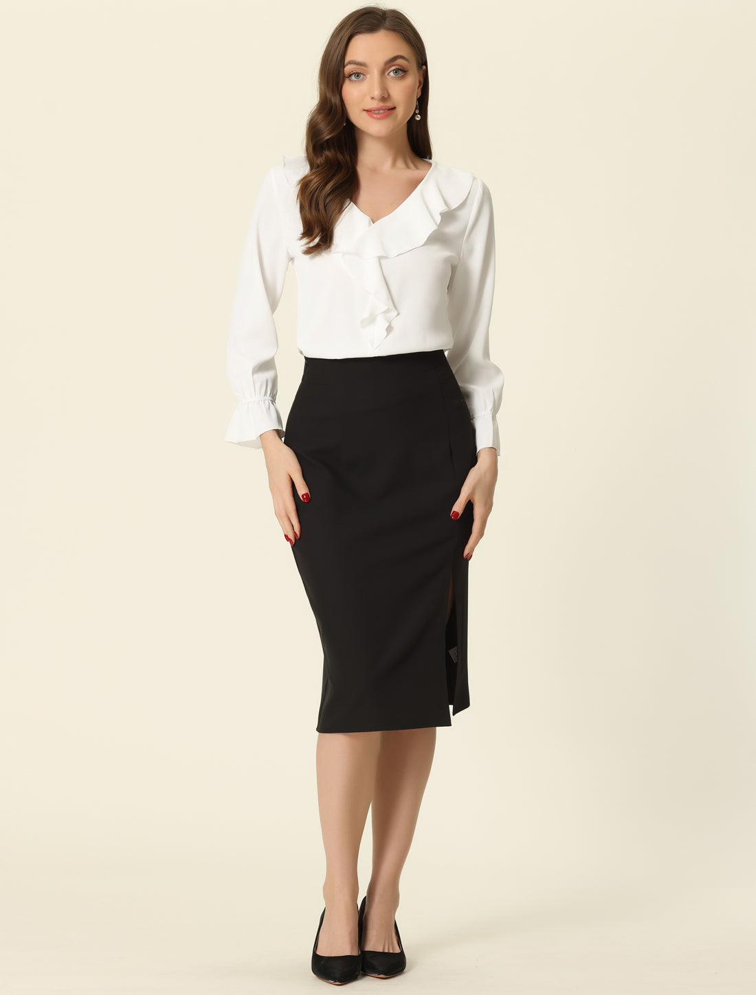 Women's Ruffle Blouse Elegant V Neck Long Sleeve Casual Dressy Top (Available in Plus Size)