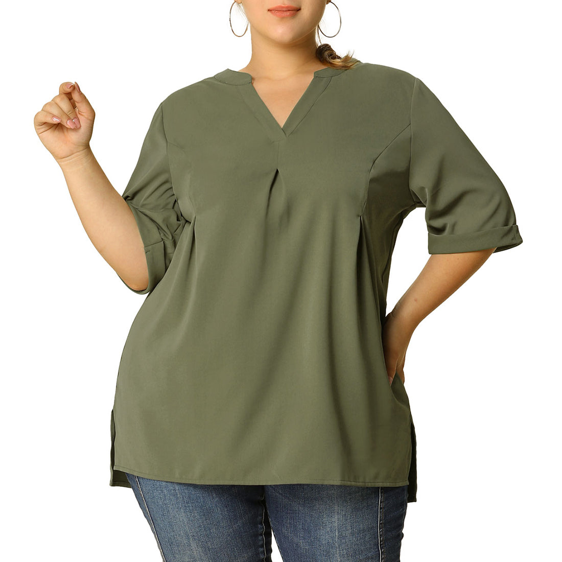 Women's Plus Size Blouse V Neck Casual Solid Blouses 1/2 Sleeve Tunic Top