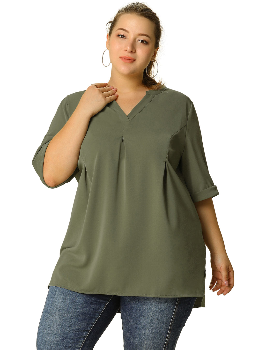 Women's Plus Size Blouse V Neck Casual Solid Blouses 1/2 Sleeve Tunic Top