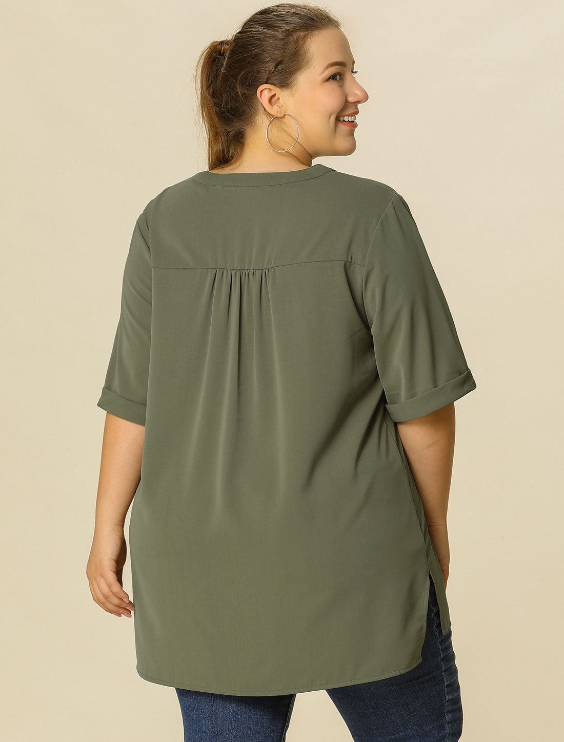 Women's Plus Size Blouse V Neck Casual Solid Blouses 1/2 Sleeve Tunic Top