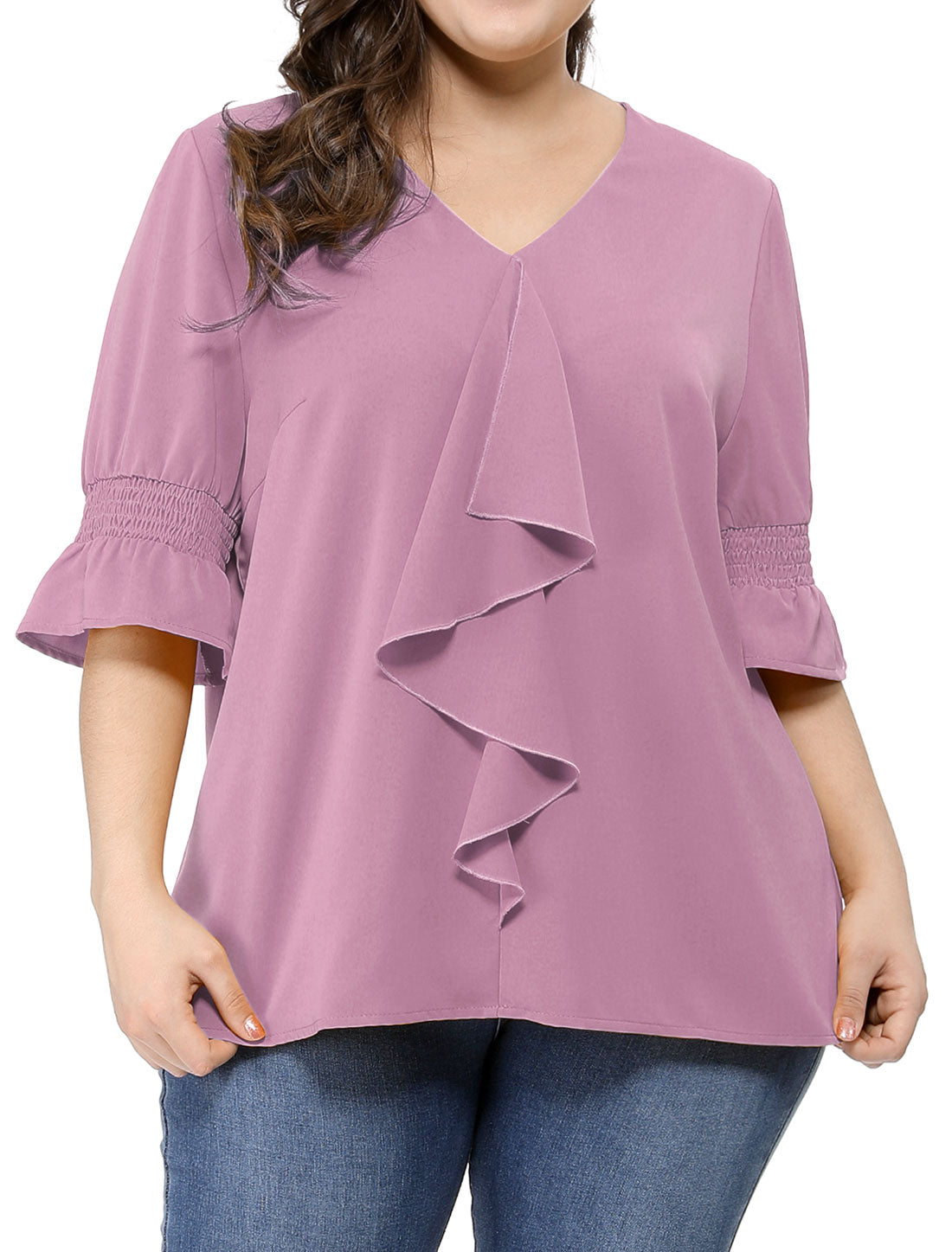 Women's Plus Size Ruffle Blouse V Neck Smocked Sleeves Top
