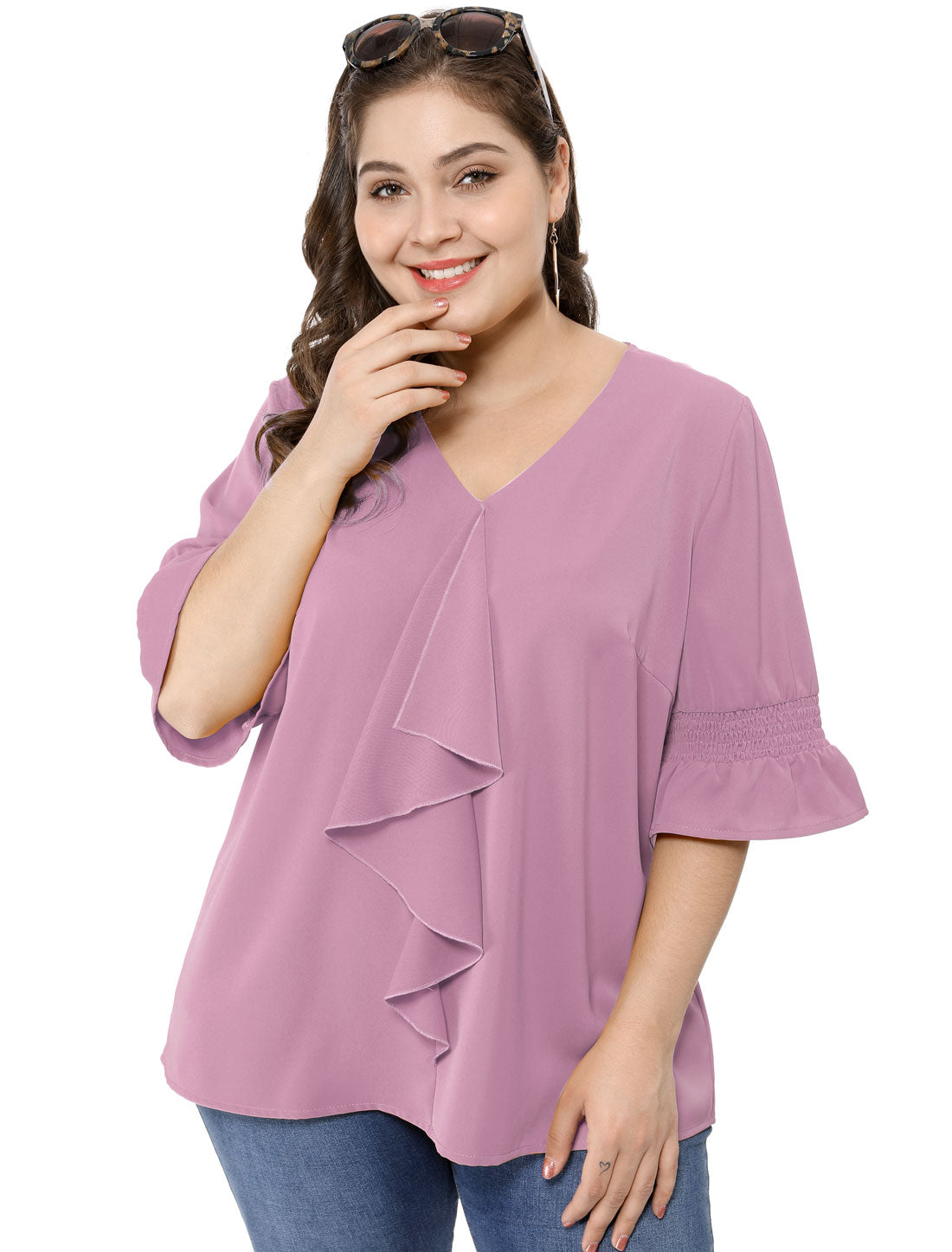 Women's Plus Size Ruffle Blouse V Neck Smocked Sleeves Top