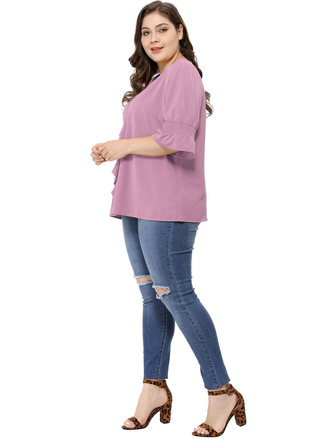 Women's Plus Size Ruffle Blouse V Neck Smocked Sleeves Top