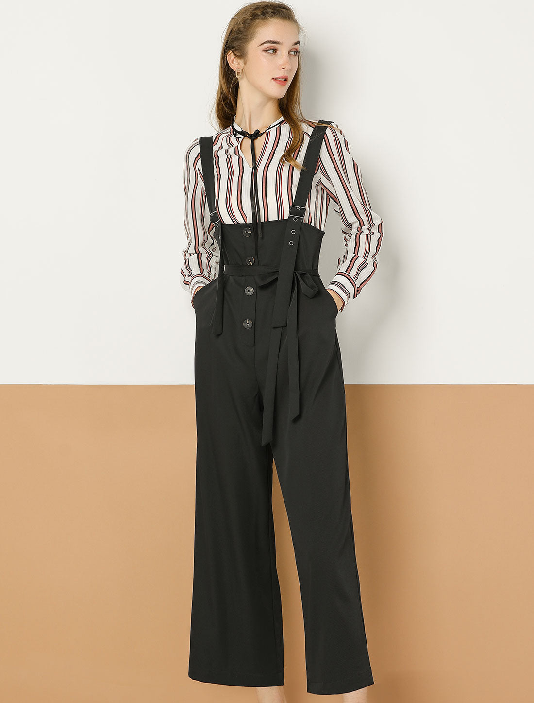 Women's Wide Leg Overalls Loose Fit Belted High Waist Suspenders Jumpsuits