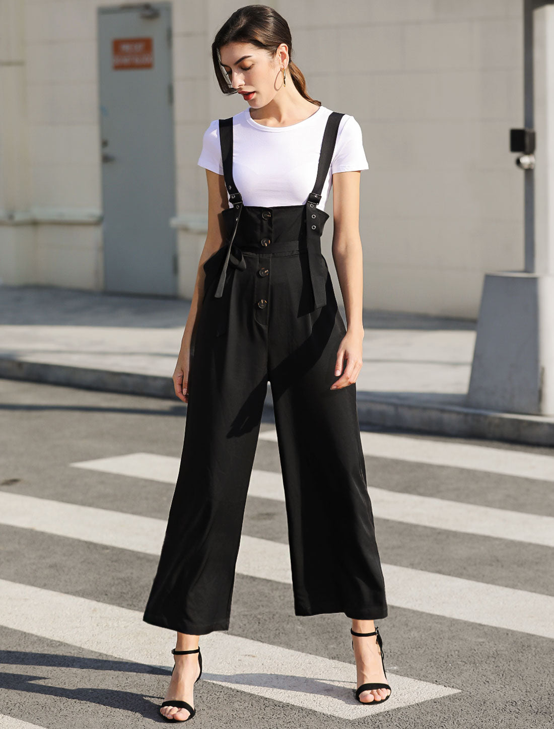 Women's Wide Leg Overalls Loose Fit Belted High Waist Suspenders Jumpsuits