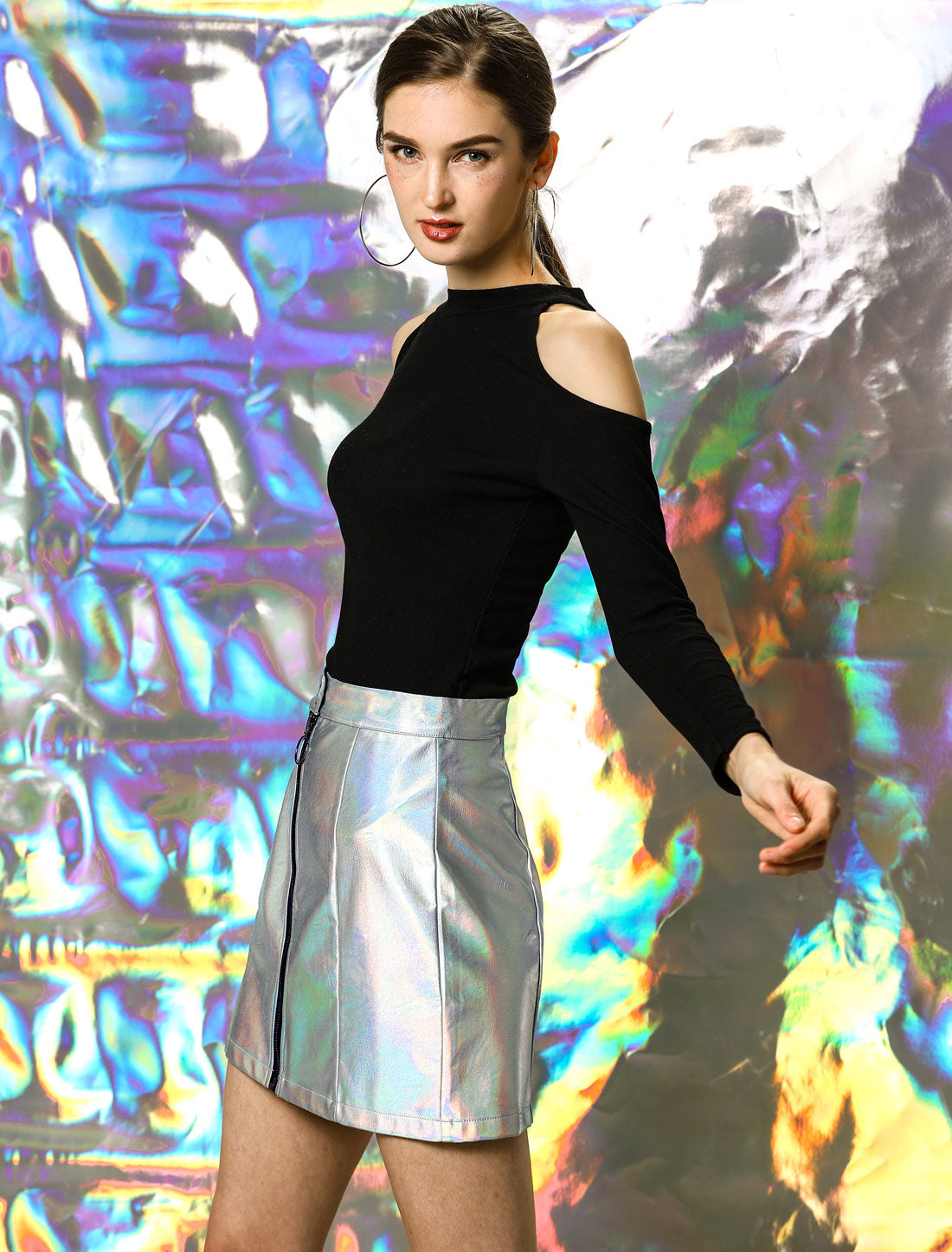 Women's Mini Skirt Shiny High Waist Zipper Short Skirt Partywear