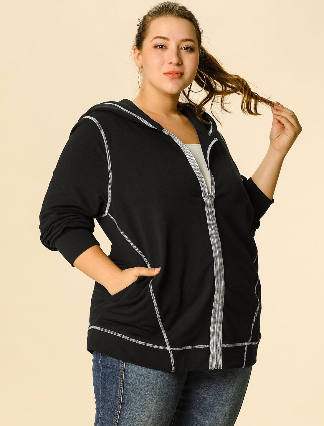 Women's Plus Size Jacket Zip Front Long Sleeve with Pockets Hoodie Jackets