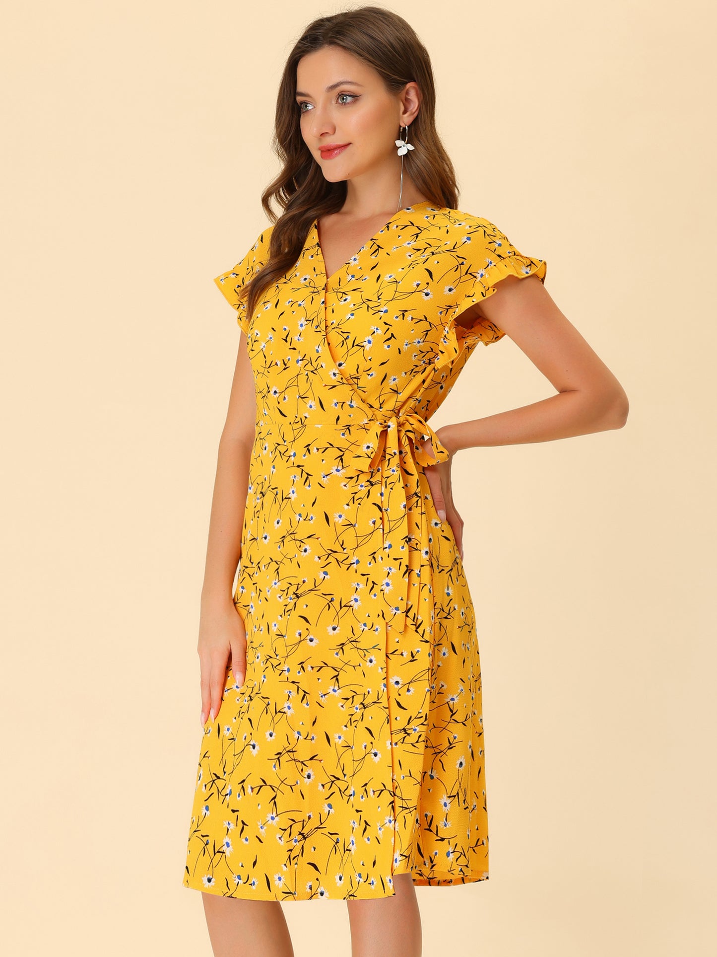 Women's Ditsy Floral Print V Neck Ruffle Flutter Sleeve Belted Midi Wrap Dress