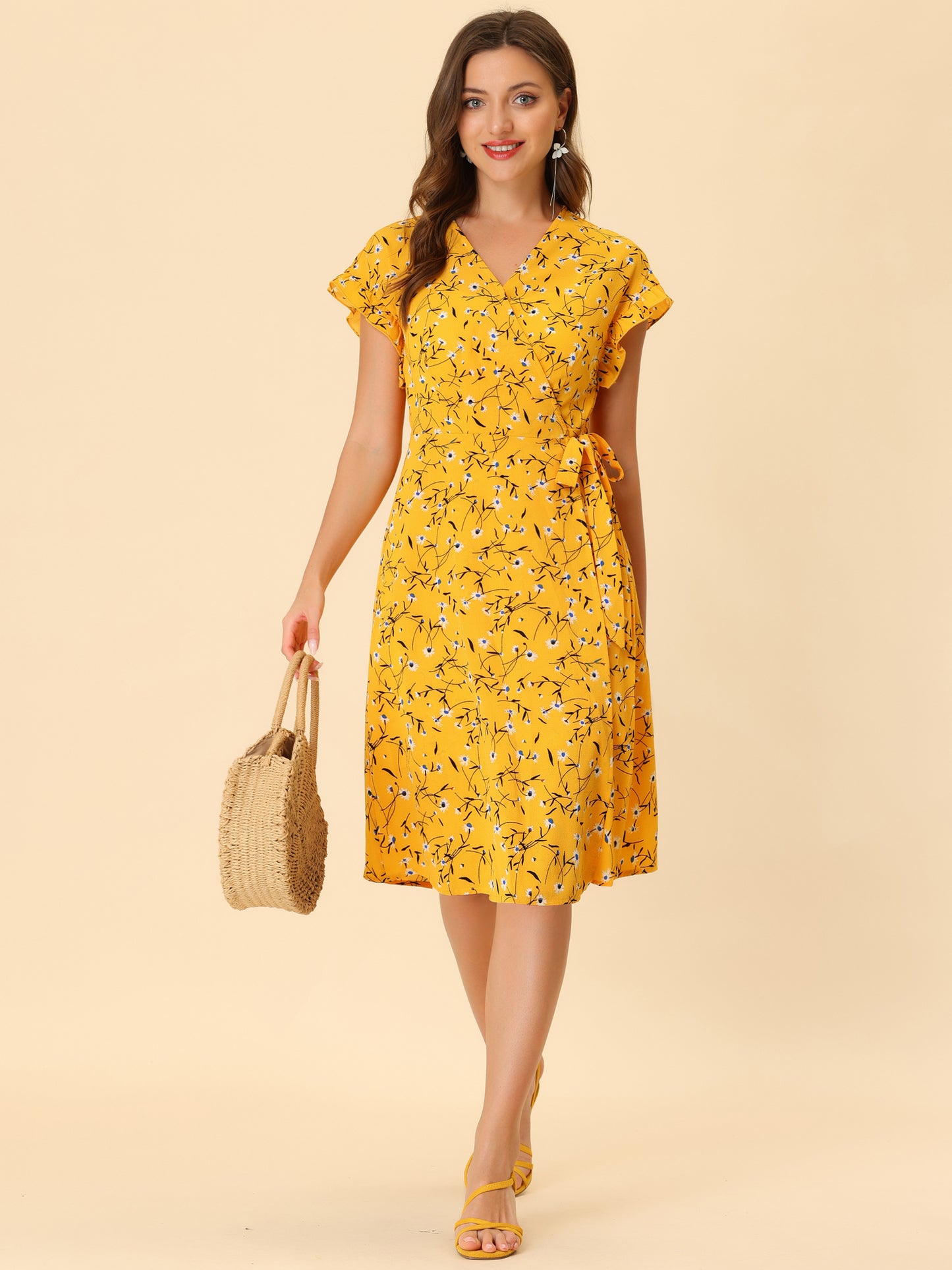 Women's Ditsy Floral Print V Neck Ruffle Flutter Sleeve Belted Midi Wrap Dress