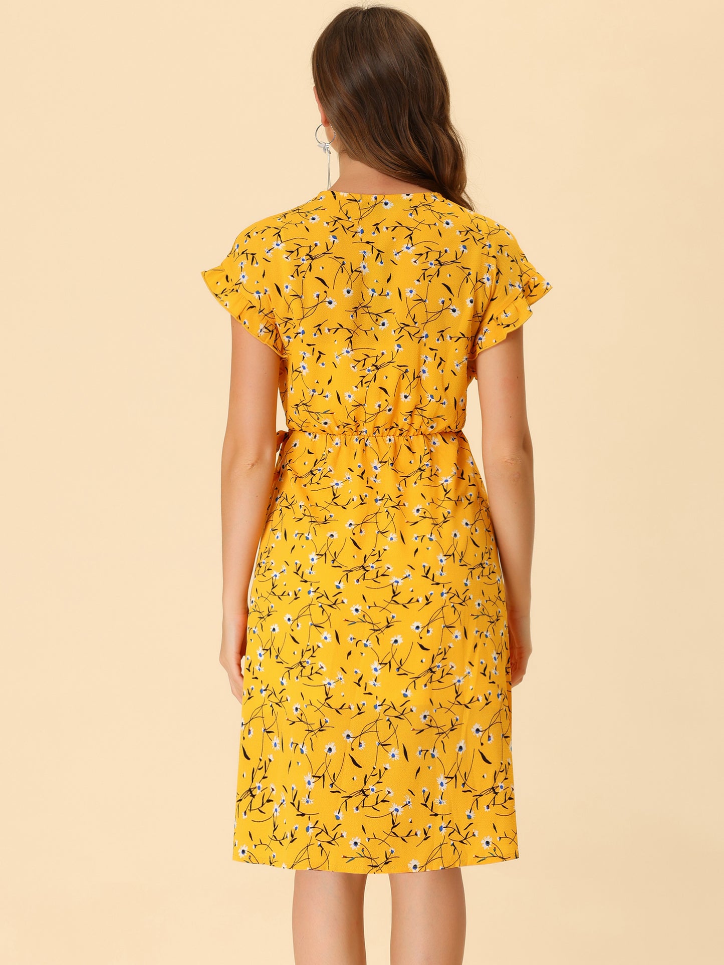 Women's Ditsy Floral Print V Neck Ruffle Flutter Sleeve Belted Midi Wrap Dress