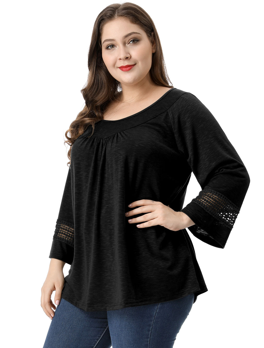 Women's Plus Size Tops Long Sleeve Crochet Panel Hollow Out Pleated Tunics Blouse