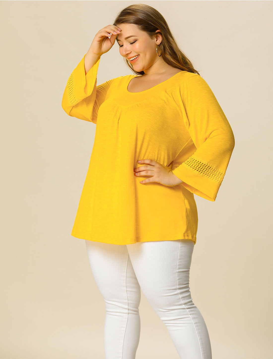 Women's Plus Size Tops Long Sleeve Crochet Panel Hollow Out Pleated Tunics Blouse