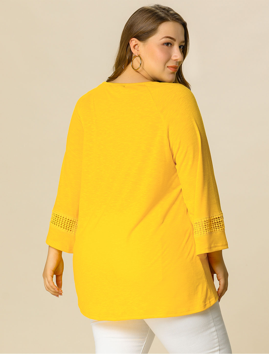 Women's Plus Size Tops Long Sleeve Crochet Panel Hollow Out Pleated Tunics Blouse