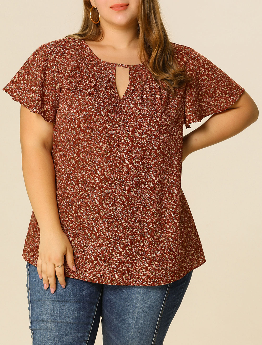 Women's Plus Size Blouses Summer Ruffle Short Sleeve Shirts Keyhole Chiffon Top