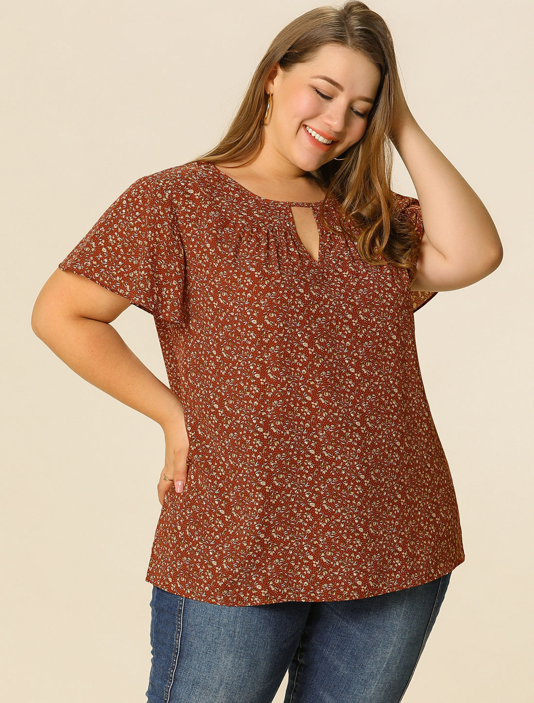 Women's Plus Size Blouses Summer Ruffle Short Sleeve Shirts Keyhole Chiffon Top