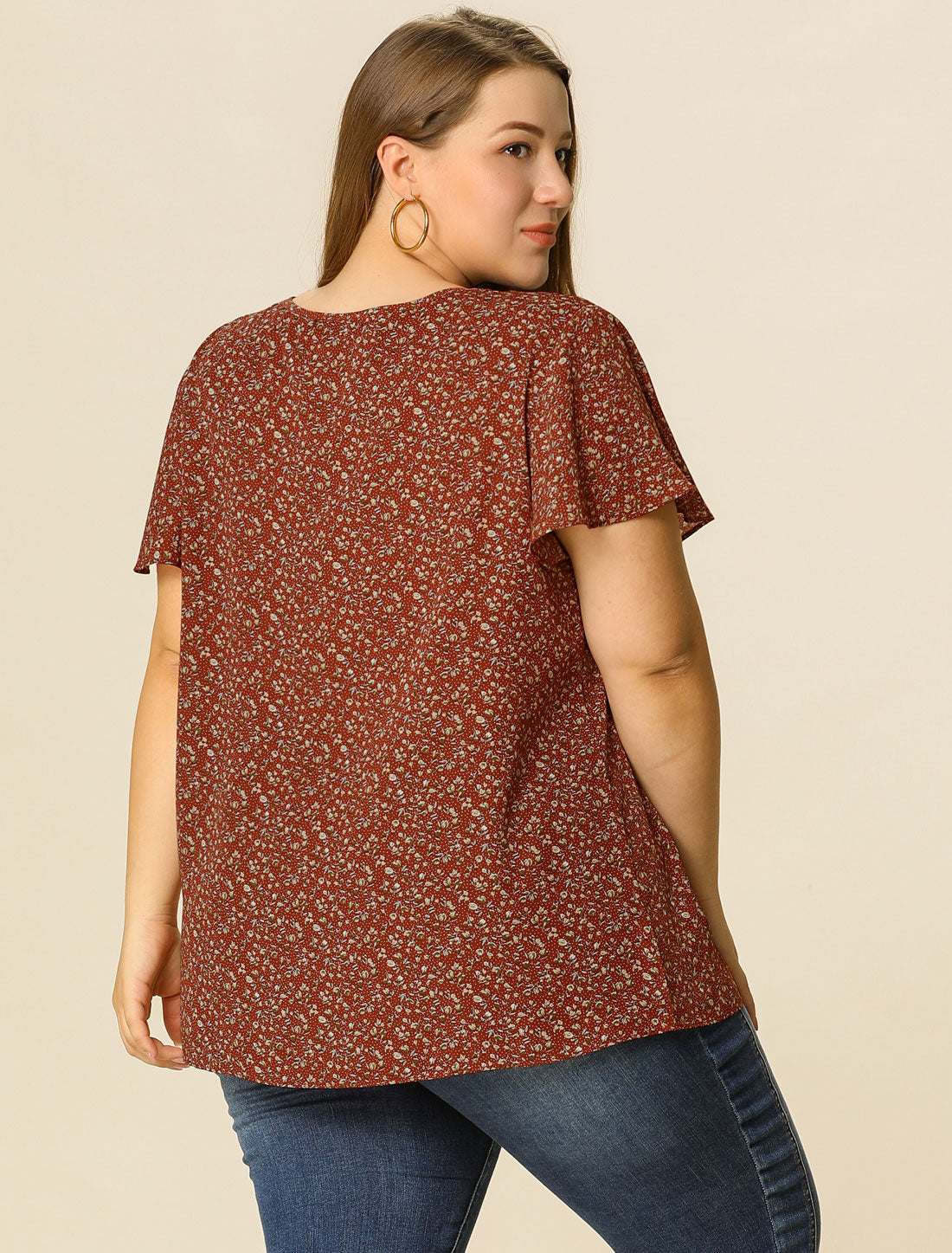 Women's Plus Size Blouses Summer Ruffle Short Sleeve Shirts Keyhole Chiffon Top